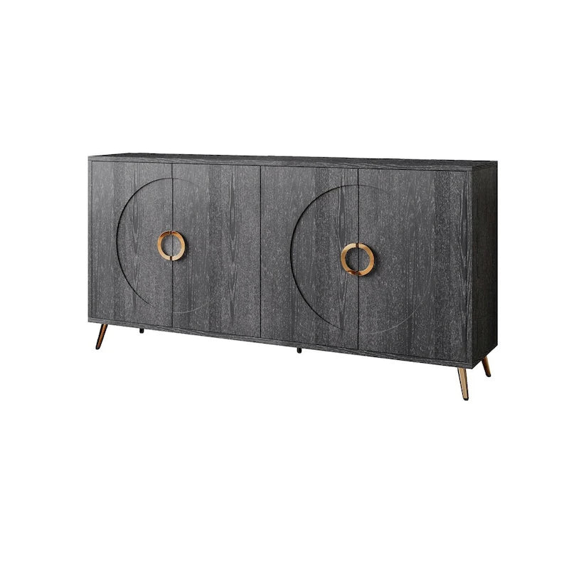 Buffet 4 portes en MDF noir vieilli/champagne avec étagères réglables et pieds en métal