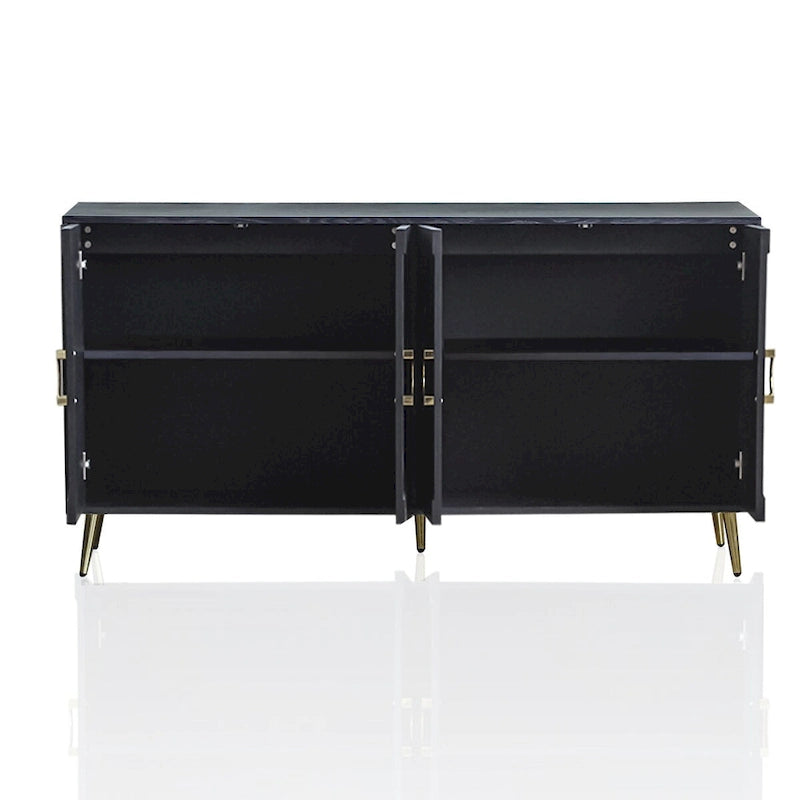 Buffet 4 portes en MDF noir vieilli/champagne avec étagères réglables et pieds en métal