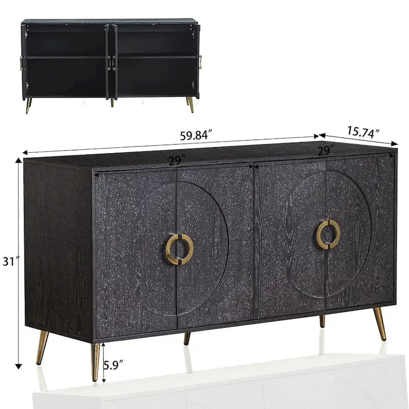 Buffet 4 portes en MDF noir vieilli/champagne avec étagères réglables et pieds en métal