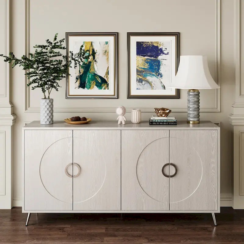 Buffet 4 portes en MDF noir vieilli/champagne avec étagères réglables et pieds en métal