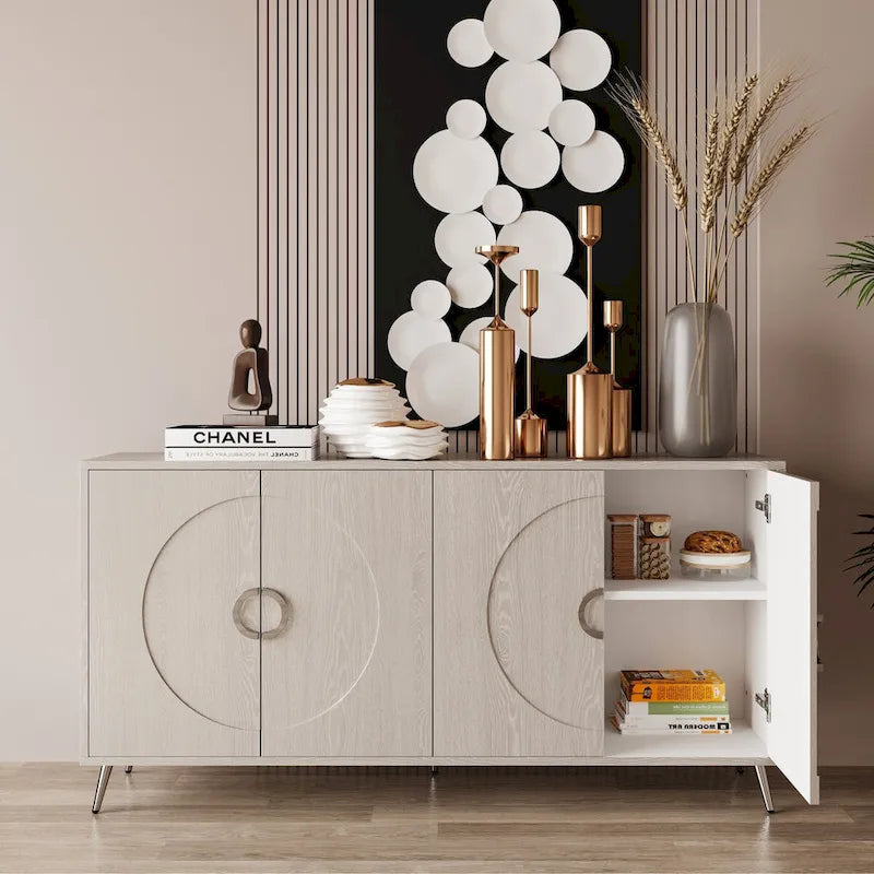 Buffet 4 portes en MDF noir vieilli/champagne avec étagères réglables et pieds en métal