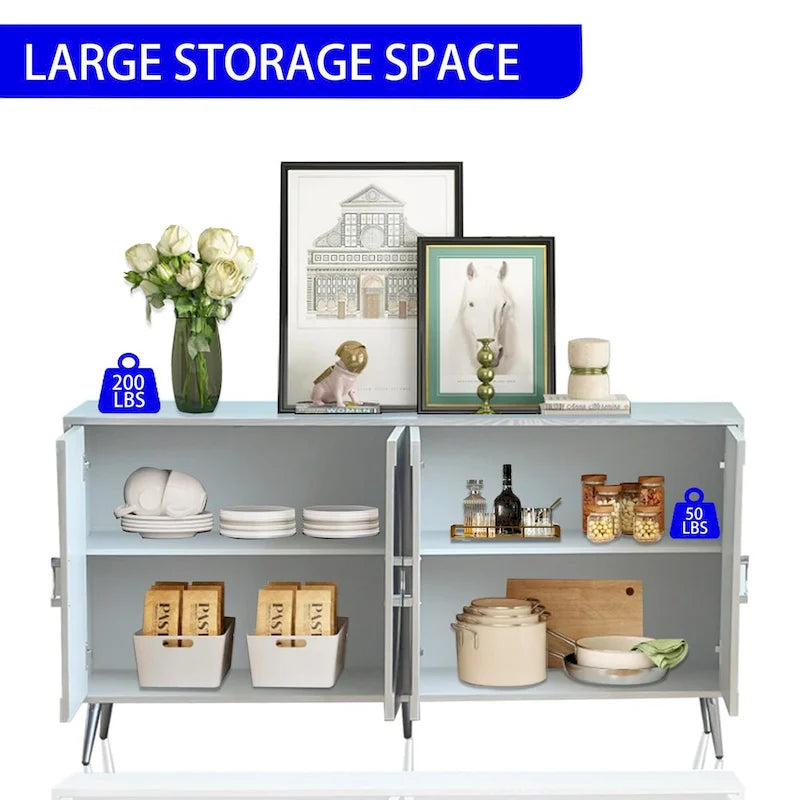 Buffet 4 portes en MDF noir vieilli/champagne avec étagères réglables et pieds en métal