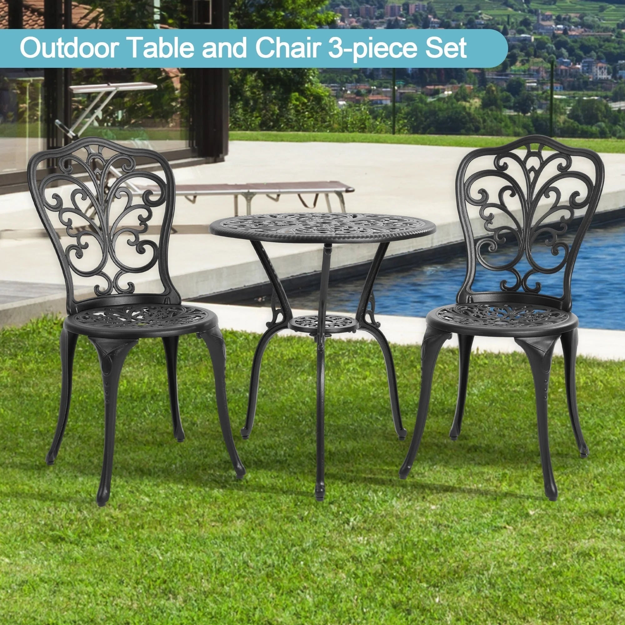Ensemble de 3 pièces pour terrasse extérieure en aluminium avec table papillon, chaises et trou pour parasol