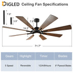 Ventilateur de plafond télécommandé avec lumières, grandes 8 pales en bois