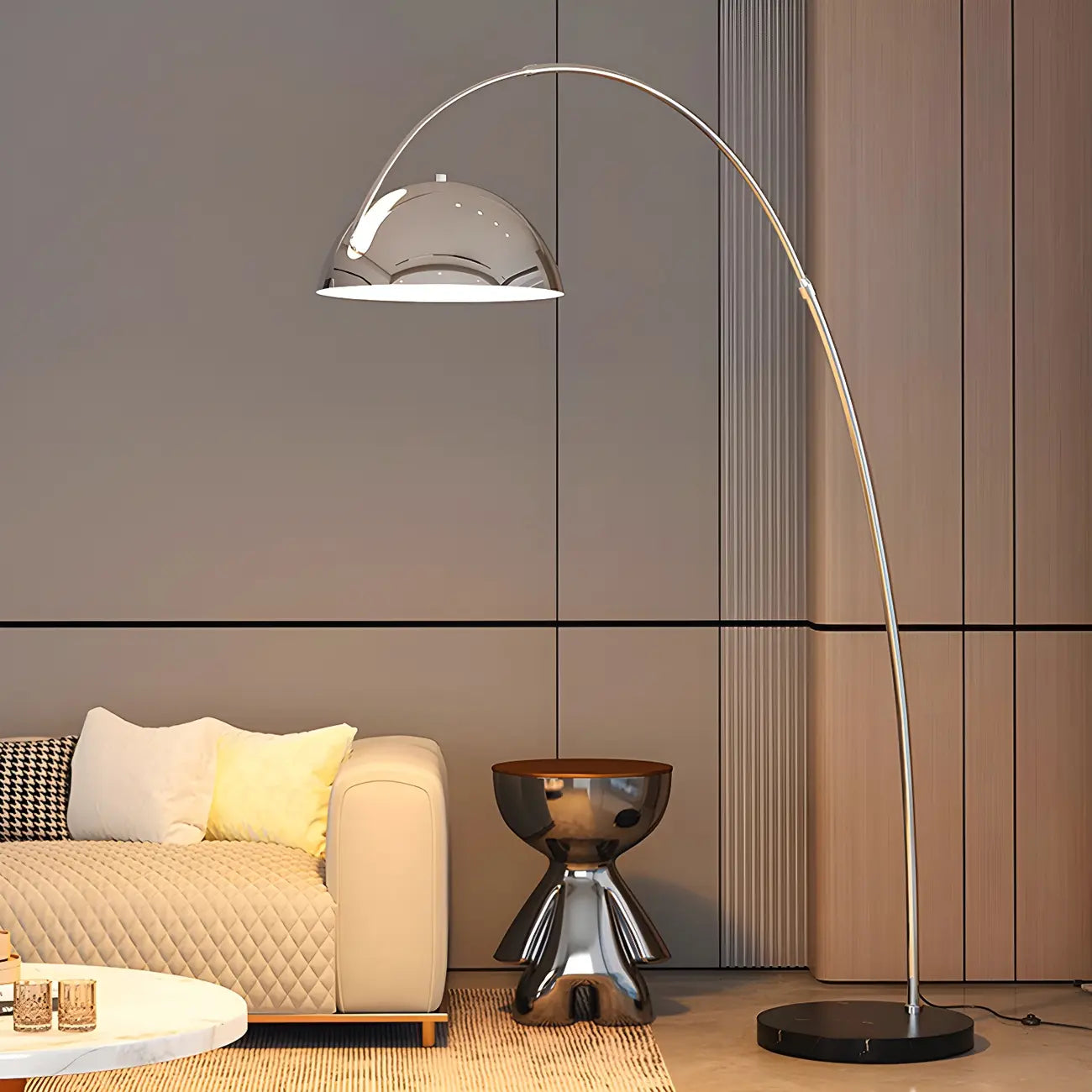 Lampadaire à Arc en Métal Noir avec Abat-jour Dôme Réglable