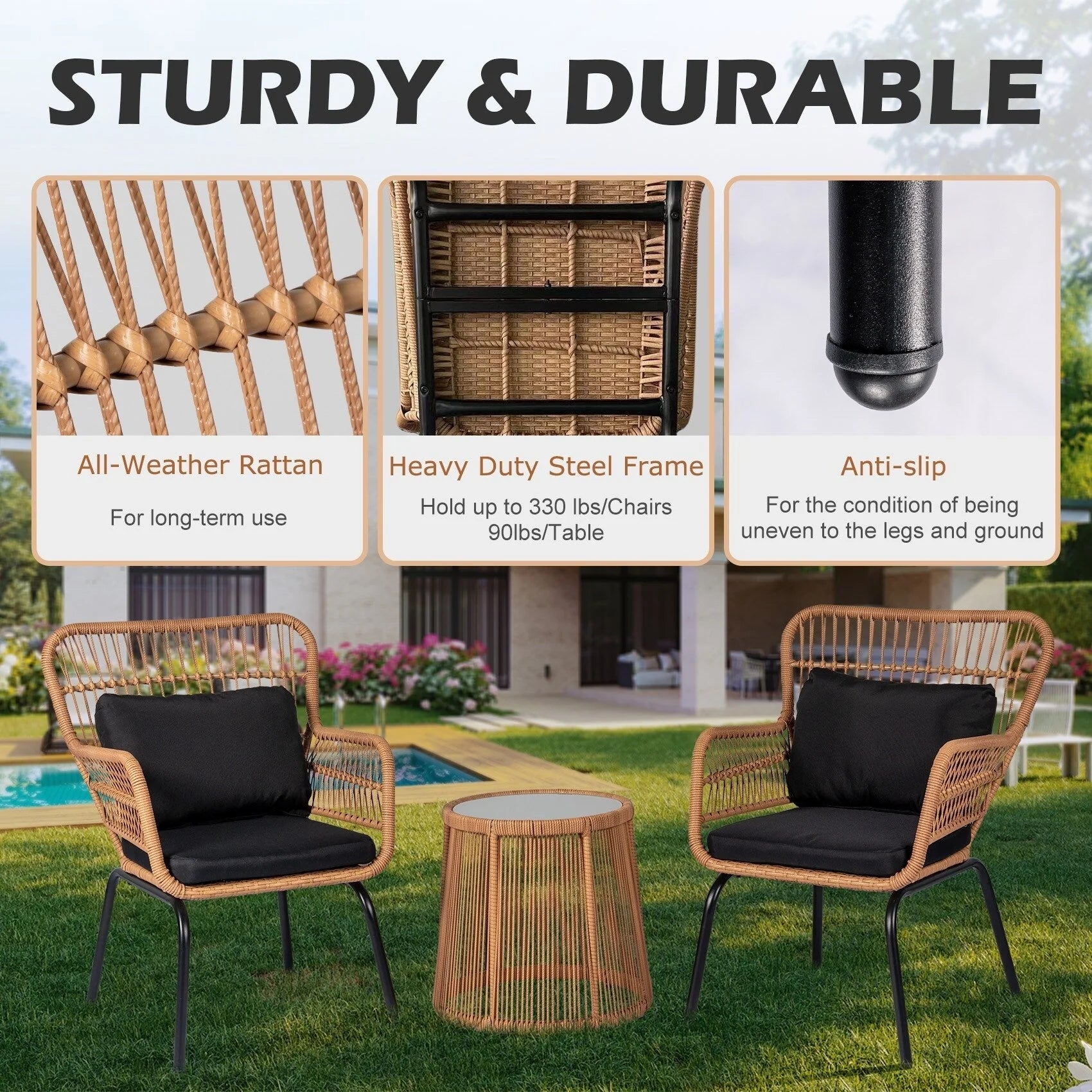 Ensemble bistrot 3 pièces en osier pour conversation, salon de jardin en rotin résistant aux intempéries avec coussins