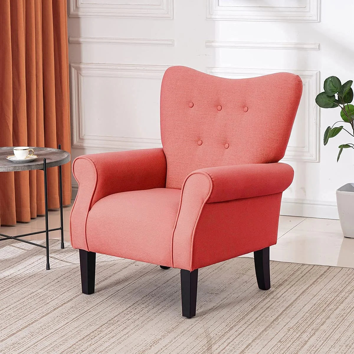 Fauteuil d'appoint moderne Erommy, fauteuil à dossier haut, canapé simple en tissu rembourré avec boutons et pieds en bois pour salon