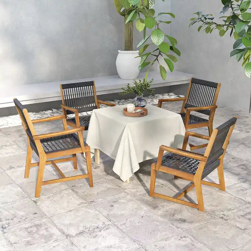 Chaises de salle à manger Gymax Patio 4 pièces en bois d'acacia Tressage de corde tout temps