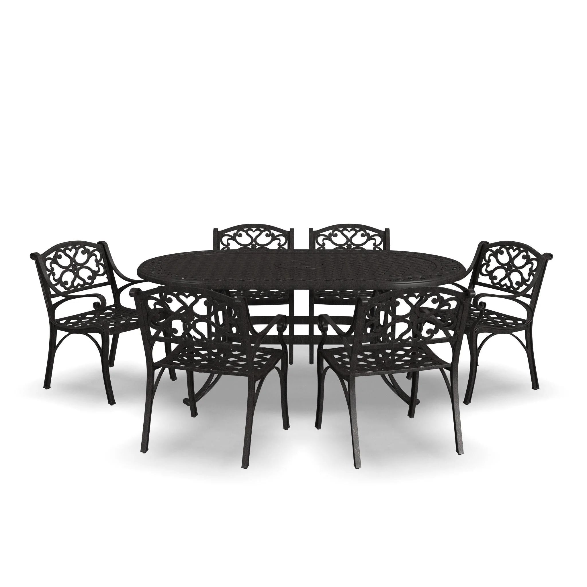 Ensemble de salle à manger d'extérieur 7 pièces en aluminium bronze Sanibel avec table à manger ovale de 72 et six fauteuils par Homestyles