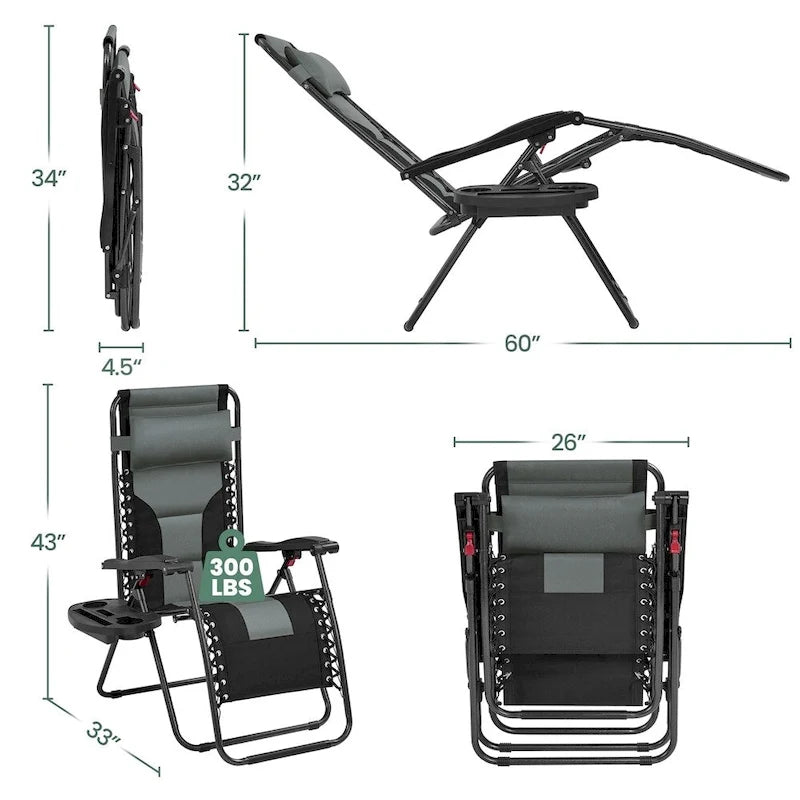 Yaheetech Lot de 2 chaises longues de jardin/camping zéro gravité rembourrées 66 cm avec accoudoirs et oreiller