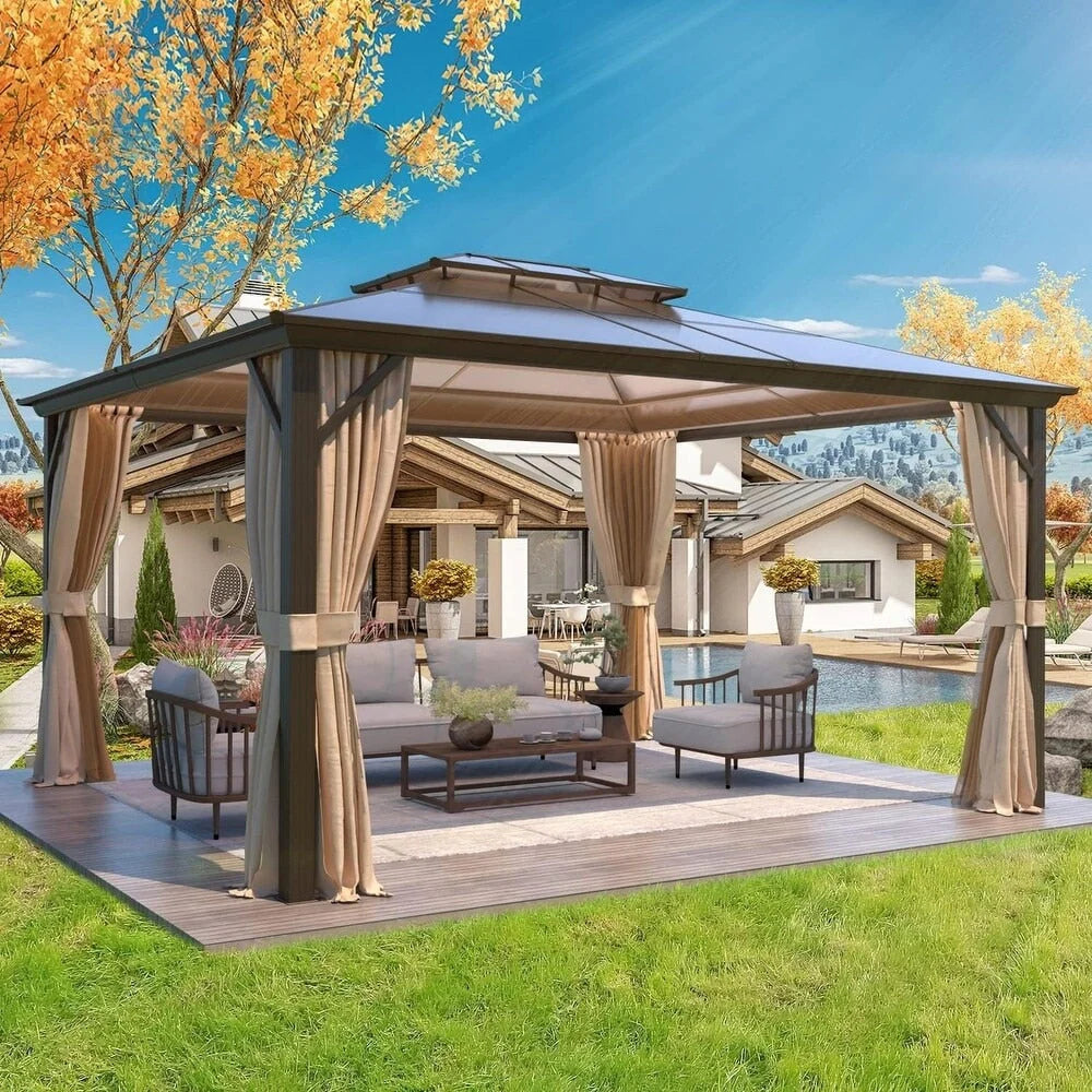 Tonnelle EROMMY à toit rigide, pergola extérieure avec double toit, moustiquaire et rideaux, auvent robuste pour patio, jardin, fête au bord de la piscine