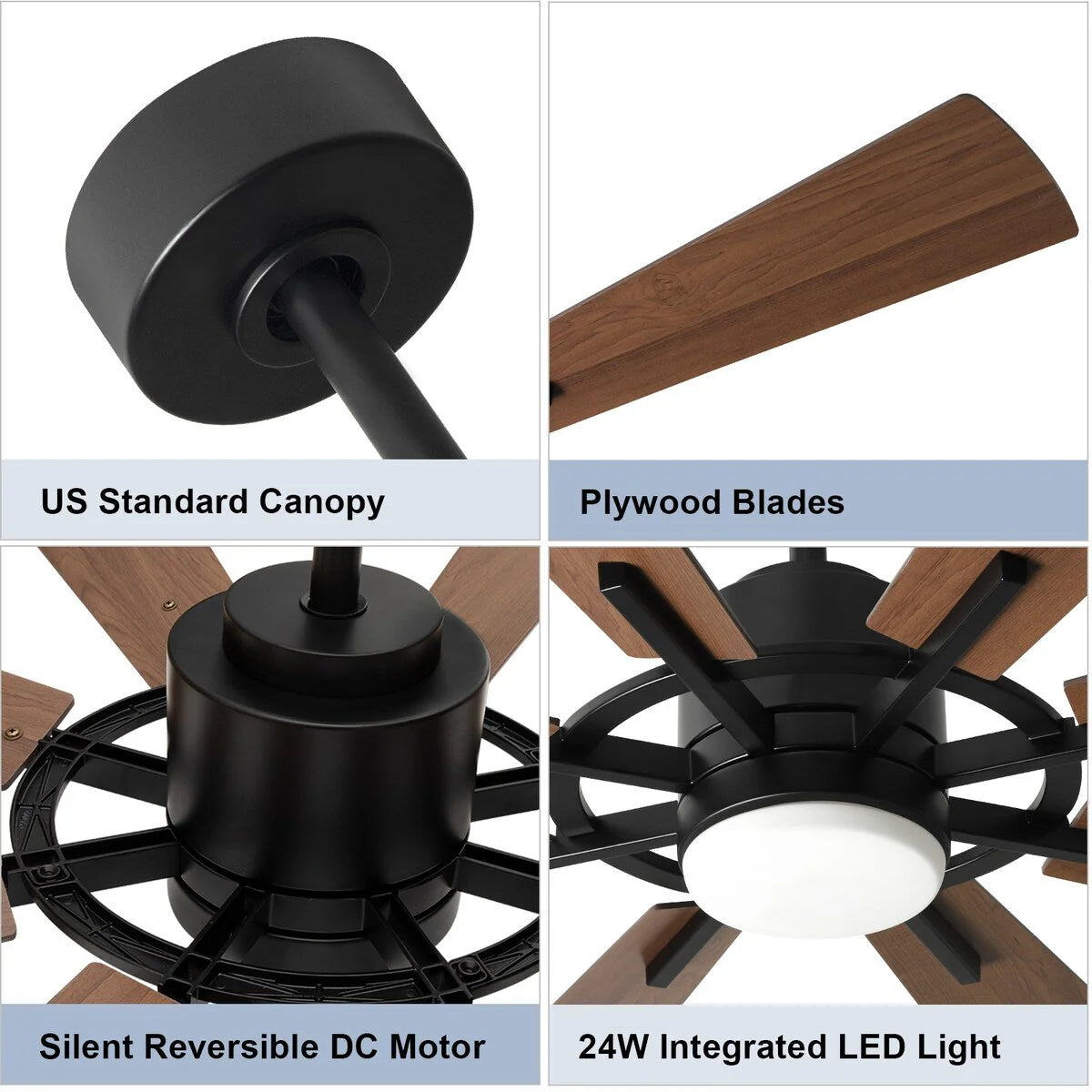Ventilateur de plafond télécommandé avec lumières, grandes 8 pales en bois