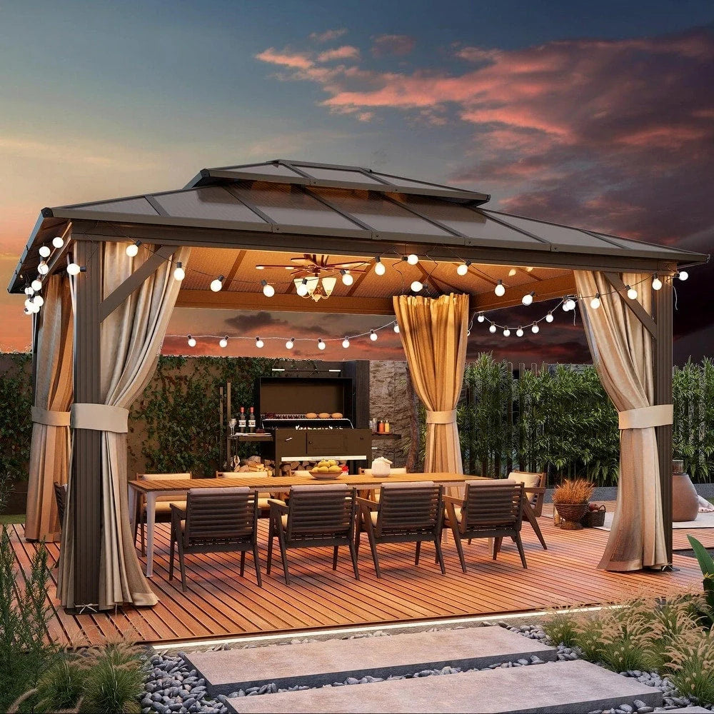 Tonnelle EROMMY à toit rigide, pergola extérieure avec double toit, moustiquaire et rideaux, auvent robuste pour patio, jardin, fête au bord de la piscine